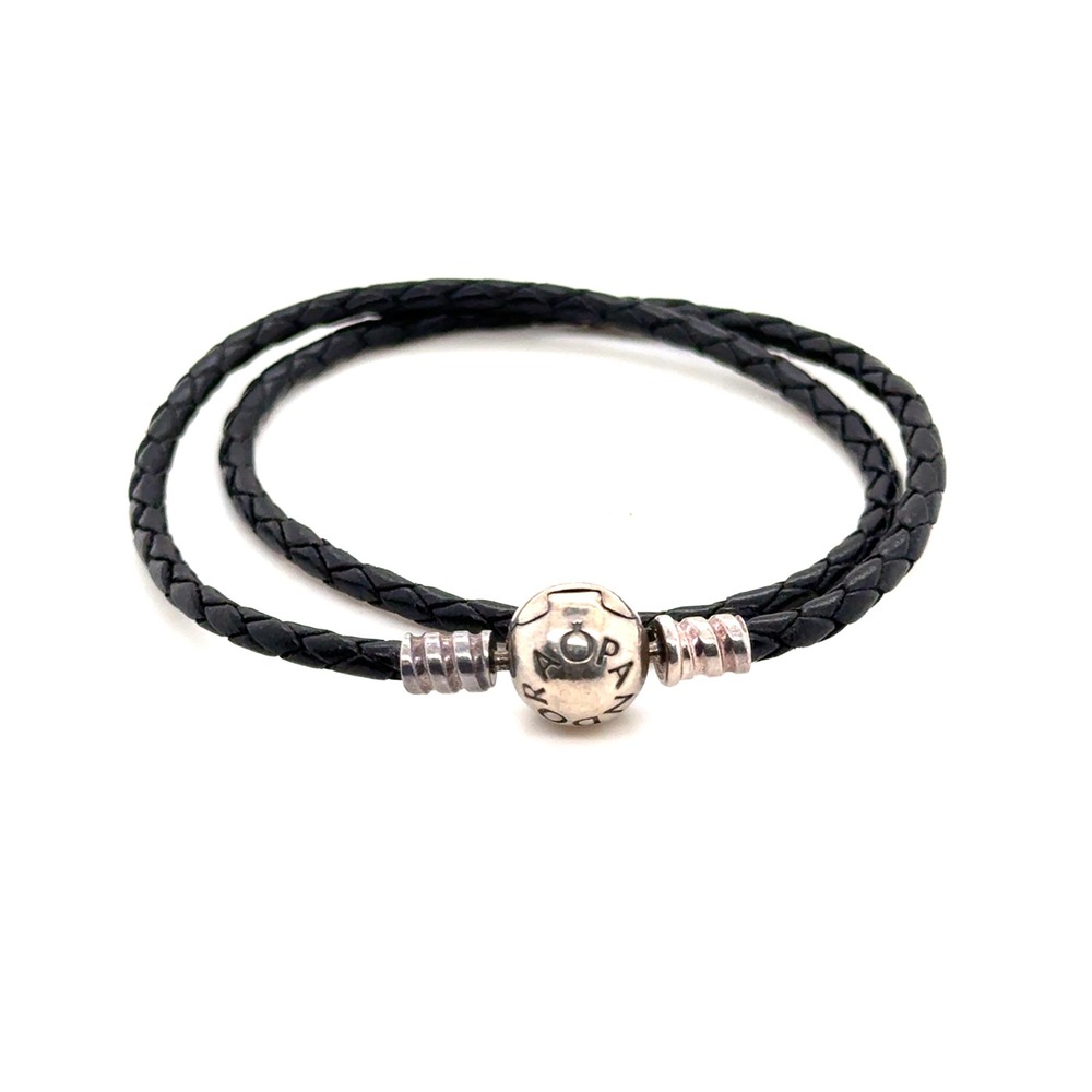 Pandora Black Braided Double Wrap Leather Bracelet Sterling Silver Clasp 13in